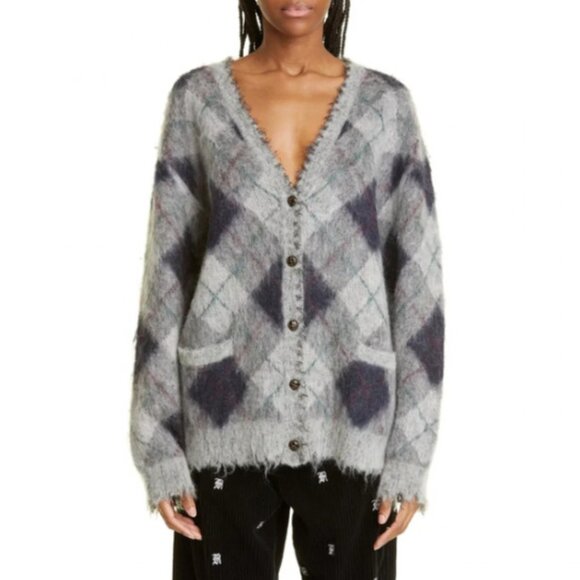 $680 NWT R13 Gray Plaid Argyle Fluffy Oversized Distressed Cardigan Sweater L - Picture 2 of 9